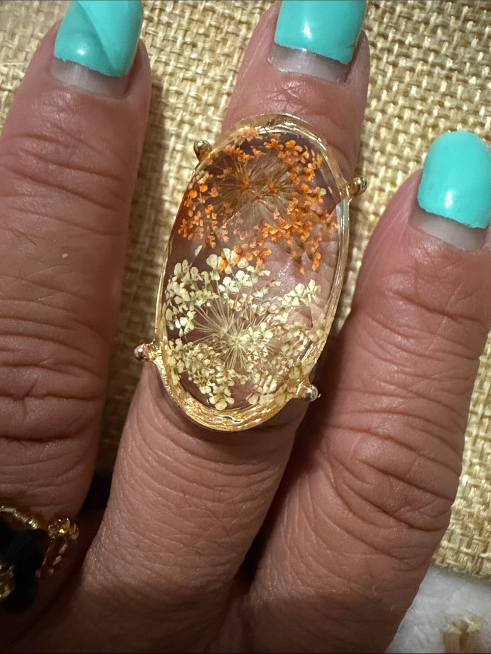 Gold Resin real Floral Oval Statement Ring - size 7